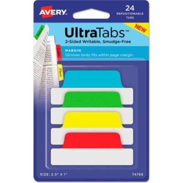 Avery Dennison Avery Ultra Tabs Repositionable Tabs, 2-1/2in x 1in, Primary: Green, Red, Yellow, Blue, 24/Pack 74768